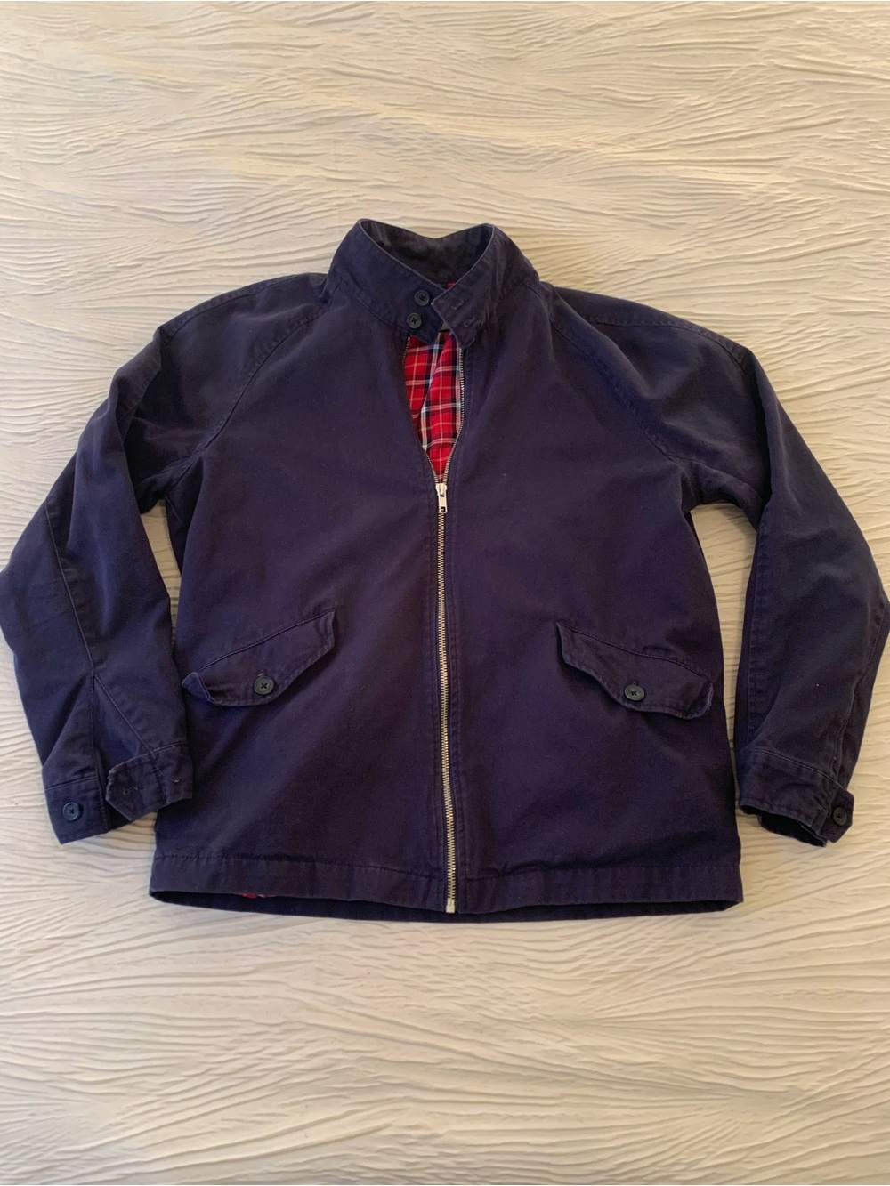 ASOS Navy Blue Plaid Flannel Lined Harrington Jacket, size Medium